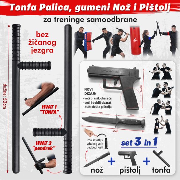 Iron Sport Set za trening i vežbe samoodbrane: Tonfa palica & gumeni nož & gumeni pištolj - EP3337997