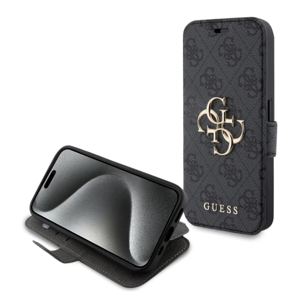 Maska za iPhone 15 6.1 Guess Bk Pu leather 4G Metal Logo siva (GUBKP15S4GMGGR) - 210450