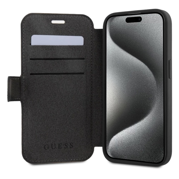 Maska za iPhone 15 6.1 Guess Bk Pu leather 4G Metal Logo siva (GUBKP15S4GMGGR) - 210450
