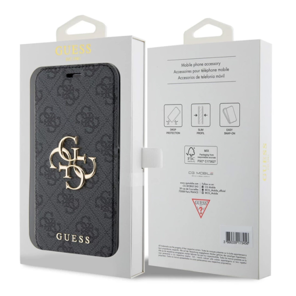 Maska za iPhone 15 6.1 Guess Bk Pu leather 4G Metal Logo siva (GUBKP15S4GMGGR) - 210450
