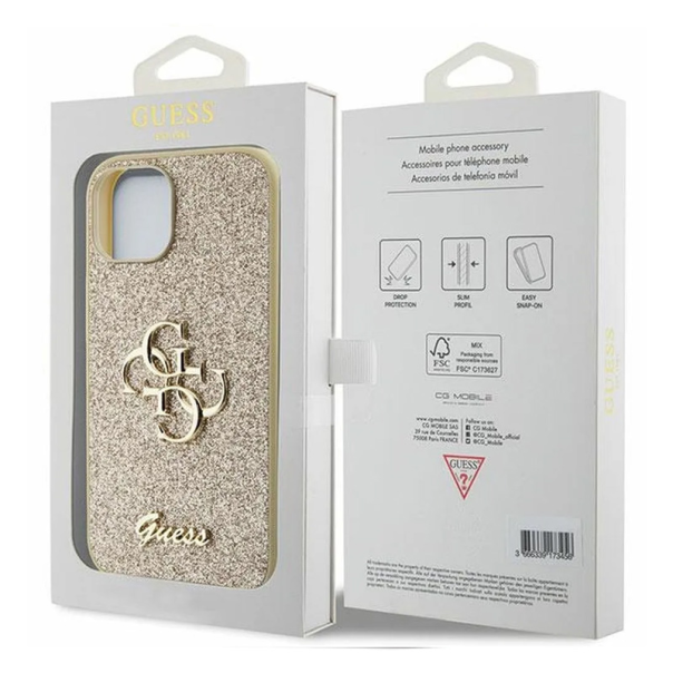 Maska za iPhone 15 6.1 Guess Hc Fixed Glitter 4G Big Metal Logo zlatna (GUHCP15SHG4SGD) - 210423