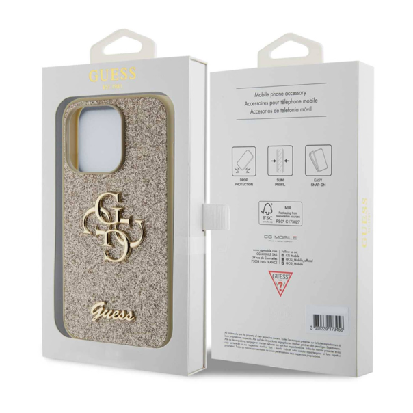 Maska za iPhone 15 Pro 6.1 Guess Hc Fixed Glitter 4G Big Metal Logo zlatna (GUHCP15LHG4SGD) - 210424