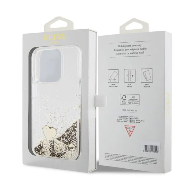 Maska za iPhone 15 Pro 6.1 Guess Hc Liquid Glitter Charms zlatna (GUHCP15LGLHFLGO) - 210455