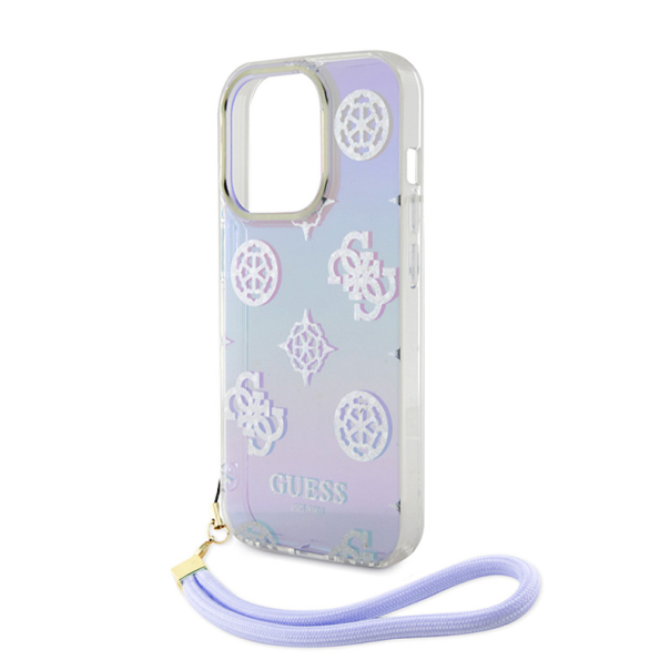 Maska za iPhone 15 6.1 Guess Hc PC TPU Iridescent Glitter Pattern Peony Cordstrap, ljubičasta - 210431