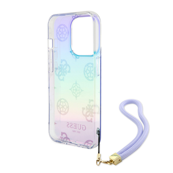 Maska za iPhone 15 6.1 Guess Hc PC TPU Iridescent Glitter Pattern Peony Cordstrap, ljubičasta - 210431