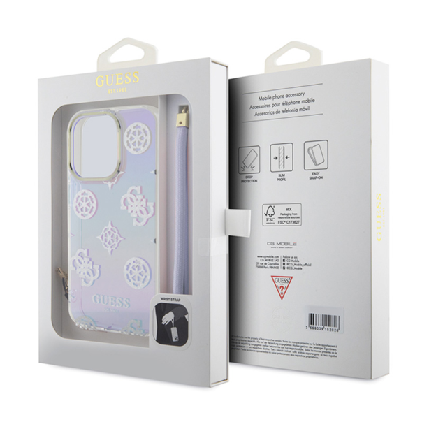 Maska za iPhone 15 Pro 6.1 Guess Hc PC TPU Iridescent Glitter Pattern Peony Cordstrap, ljubičasta - 210432