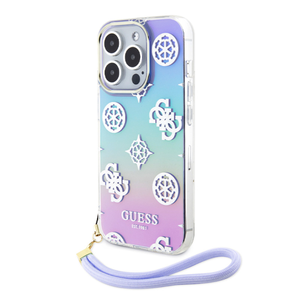 Maska za iPhone 15 Pro 6.1 Guess Hc PC TPU Iridescent Glitter Pattern Peony Cordstrap ljubičasta (GUHCP15LHPELISU) - 210432