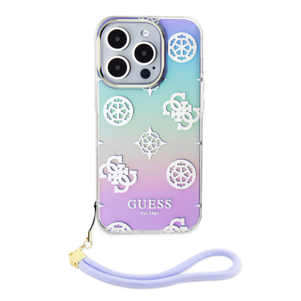 Maska za iPhone 15 Pro 6.1 Guess Hc PC TPU Iridescent Glitter Pattern Peony Cordstrap, ljubičasta - 210432