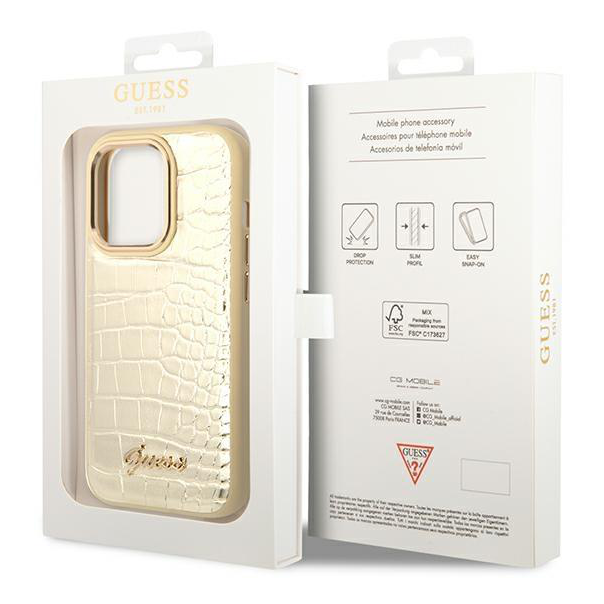 Maska za iPhone 14 Pro 6.1 Guess Hc PU Croco Metal Outline zlatna (GUHCP14LHGCRHD) - 205362