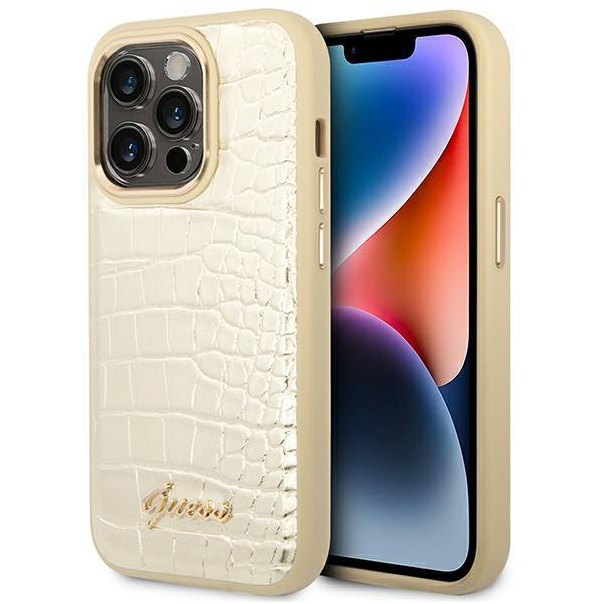 Maska za iPhone 14 Pro 6.1 Guess Hc PU Croco Metal Outline zlatna (GUHCP14LHGCRHD) - 205362