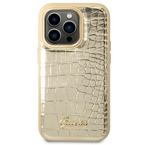 Maska za iPhone 14 Pro 6.1 Guess Hc PU Croco Metal Outline zlatna (GUHCP14LHGCRHD) - 205362