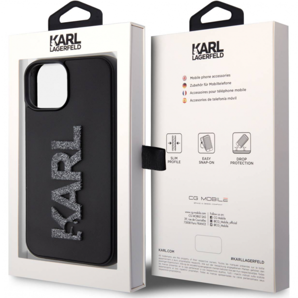 Maska za iPhone 15 6.1 Karl Lagerfeld Hc 3D Logo Glitter crna (KLHCP15S3DMBKCK) - 210405