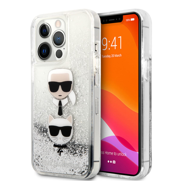 Maska za iPhone 14 Pro 6.1 Karl Lagerfeld Hc Liquid Glitter 2 Heads srebrna (KLHCP14LKICGLS) - 205319