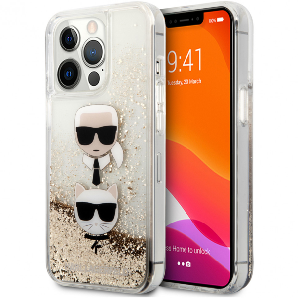 Maska za iPhone 14 Pro 6.1 Karl Lagerfeld Hc Liquid Glitter 2 Heads zlatna (KLHCP14LKICGLD) - 205317