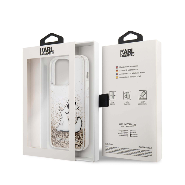 Maska za iPhone 14 Pro 6.1 Karl Lagerfeld Hc Liquid Glitter Choupette zlatna (KLHCP14LGCFD) - 205308