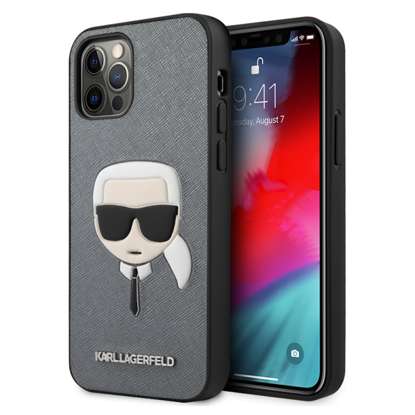 Maska za iPhone 12/12 Pro 6.1 Karl Lagerfeld Hc PU Saffiano Head srebrna (KLHCP12MSAKHSL) - 205337
