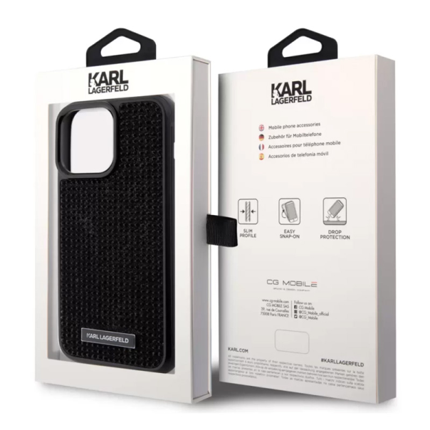 Maska za iPhone 15 6.1 Karl Lagerfeld Hc Rhinestone Metal Plate Logo crna (KLHCP15SHDSPLK) - 210407