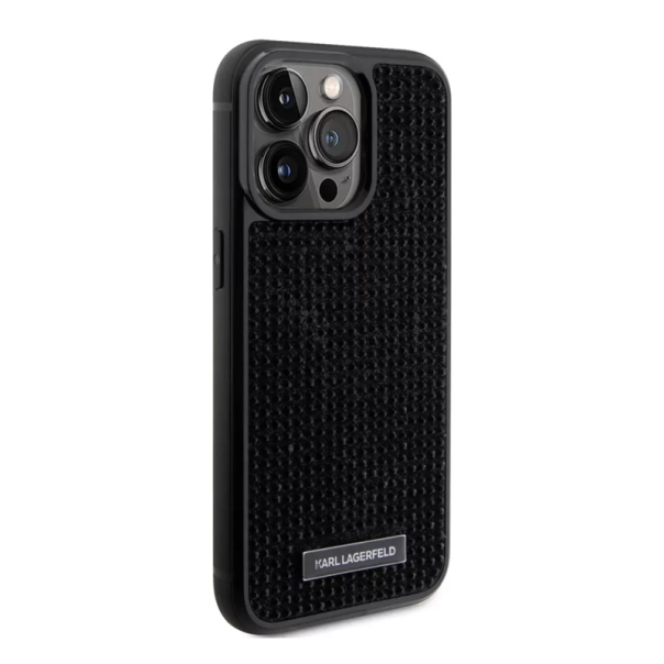 Maska za iPhone 15 6.1 Karl Lagerfeld Hc Rhinestone Metal Plate Logo crna (KLHCP15SHDSPLK) - 210407