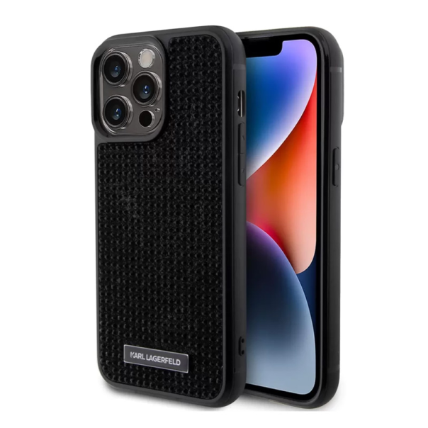 Maska za iPhone 15 6.1 Karl Lagerfeld Hc Rhinestone Metal Plate Logo crna (KLHCP15SHDSPLK) - 210407