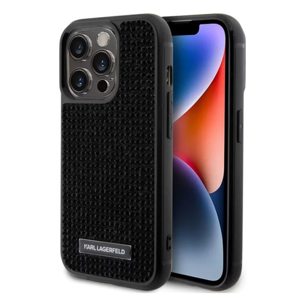 Maska za iPhone 15 Pro 6.1 Karl Lagerfeld Hc Rhinestone Metal Plate Logo crna (KLHCP15LHDSPLK) - 210408