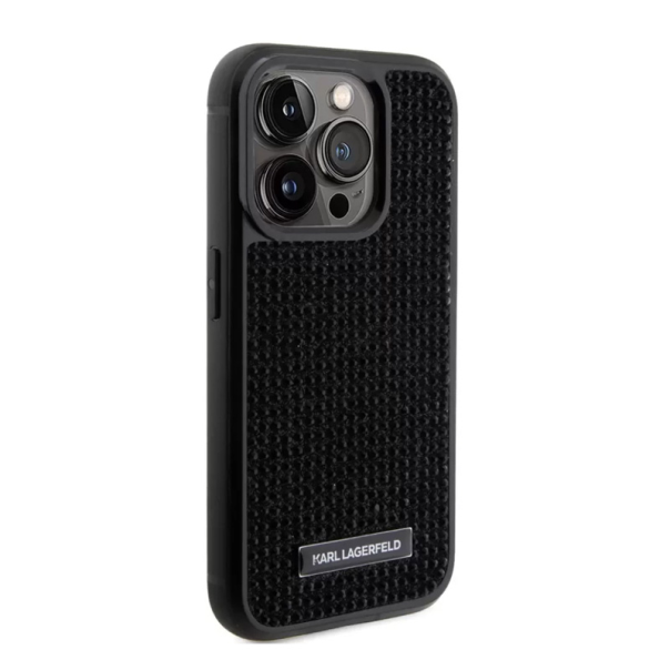Maska za iPhone 15 Pro 6.1 Karl Lagerfeld Hc Rhinestone Metal Plate Logo crna (KLHCP15LHDSPLK) - 210408