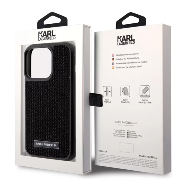 Maska za iPhone 15 Pro 6.1 Karl Lagerfeld Hc Rhinestone Metal Plate Logo crna (KLHCP15LHDSPLK) - 210408