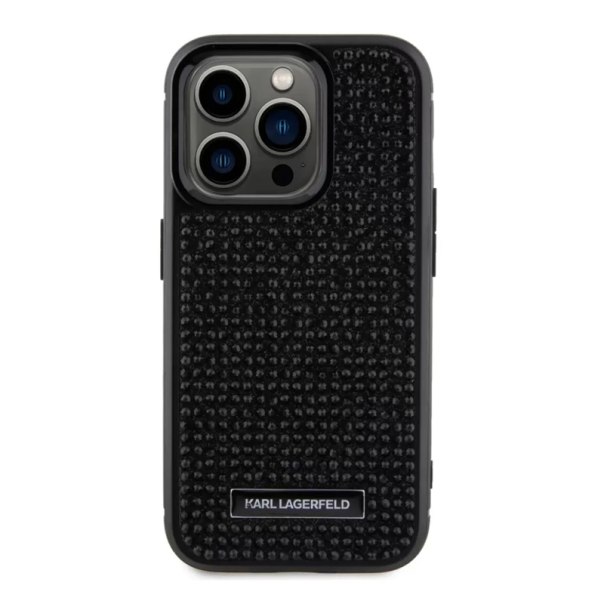 Maska za iPhone 15 Pro 6.1 Karl Lagerfeld Hc Rhinestone Metal Plate Logo crna (KLHCP15LHDSPLK) - 210408