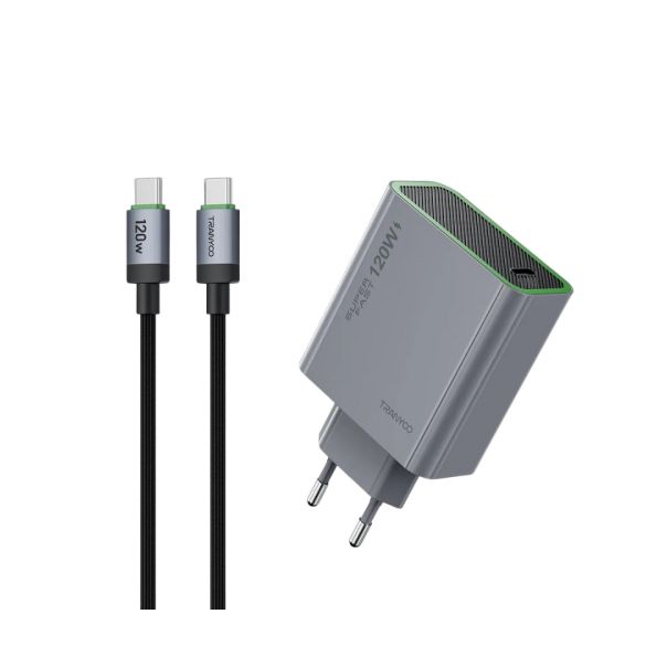 TRANYOO Kućni punjač T-EU8 120W Gan Suoer-Compatibile Charger +Type C kabl, siva - 1920016