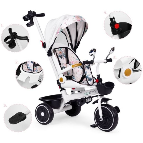 ECO TOYS Tricikl za decu sa rotirajućim sedištem i sklopivom tendom 2u1, bela - WQL-186 WHITE