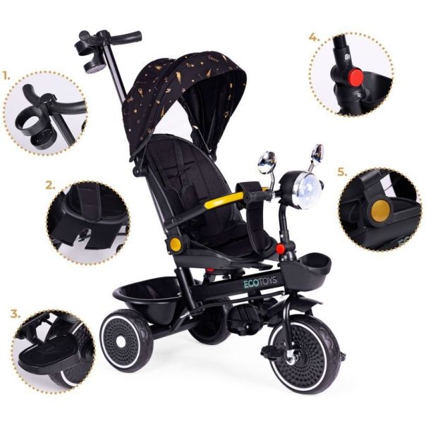 ECO TOYS Tricikl za decu sa rotirajućim sedištem i sklopivom tendom 2u1, crna - WQL-186 BLACK