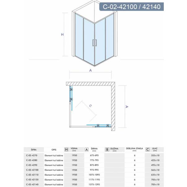 Concept Tuš kabina Element 100x140x195cm 6mm providno staklo, srebrni ram - 8895-c-42140