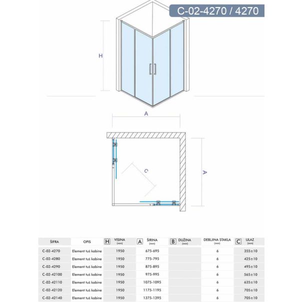Concept Tuš kabina Element 70x70x195cm 6mm providno staklo, srebrni ram - 8355-8355