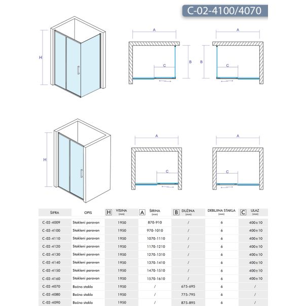 Concept Tuš kabina Atlas 100x70x195cm 6mm providno staklo, srebrni ram - 8050-8107