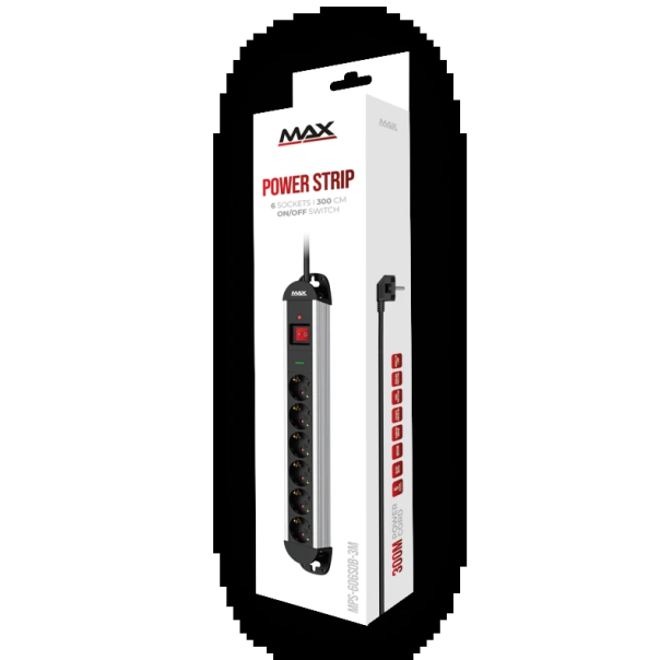 Produžni kabl sa prenaponskom zaštitom sa 6 utičnica MAX MPS-606SOB-3M/aluminijumsko kučište/3m - EP3035369