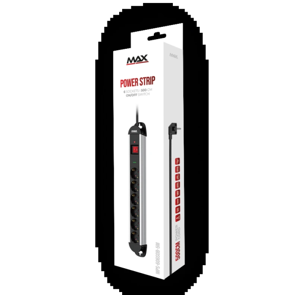 Produžni kabl sa prenaponskom zaštitom sa 6 utičnica MAX MPS-606SOB-5M/aluminijumsko kučište/5m - EP3046815