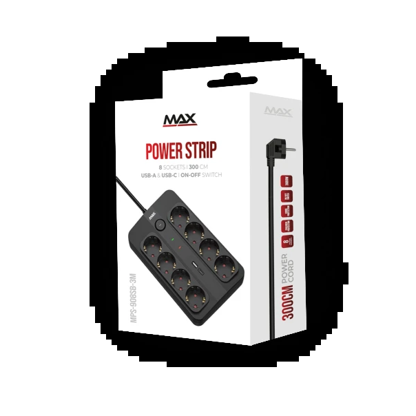 Produžni kabl sa prenaponskom zaštitom sa 8 utičnica MAX MPS-908SB-3M/3m/USB A & USB C port - EP3077938