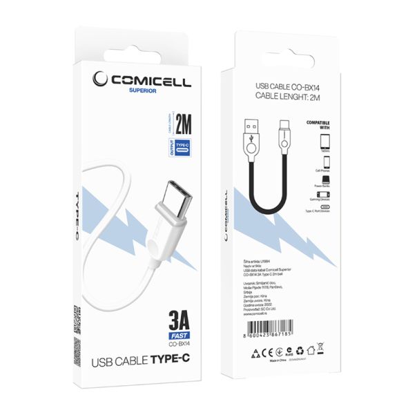 COMICELL USB data kabl Superior CO-BX14 3A Type C 2m, bela - U1994