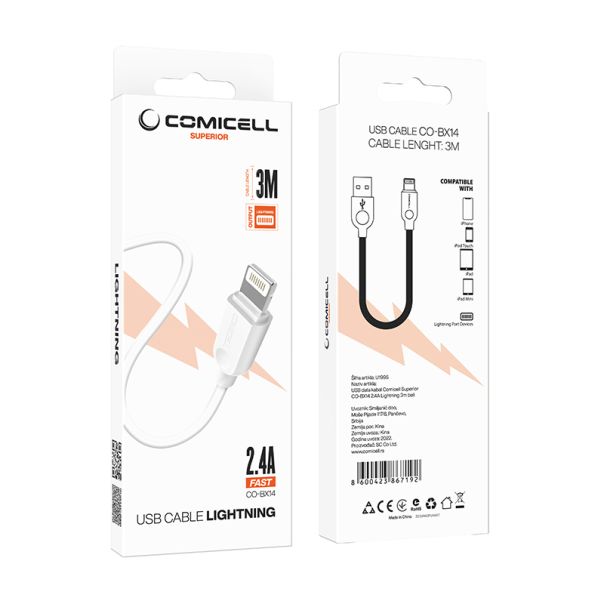 COMICELL USB data kabl Superior CO-BX14 2.4A Lightning 3m, bela - U1995