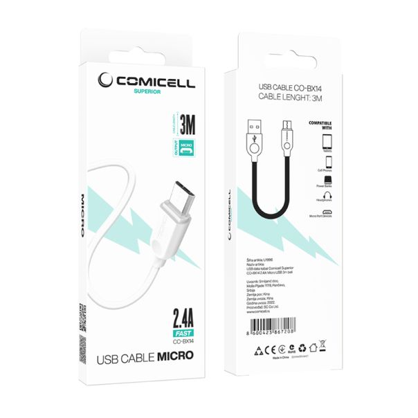 COMICELL USB data kabl Superior CO-BX14 2.4A Micro USB 3m, bela - U1996