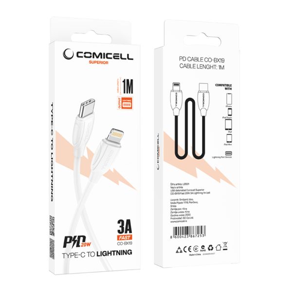 COMICELL USB data kabl Superior CO-BX19 Fast 20W 3A Type C na Lightning 1m, bela - U2001