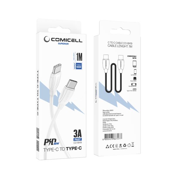 COMICELL USB data kabl Superior CO-BX19 Fast 60W 3A Type C na Type C 1m, bela - U2003