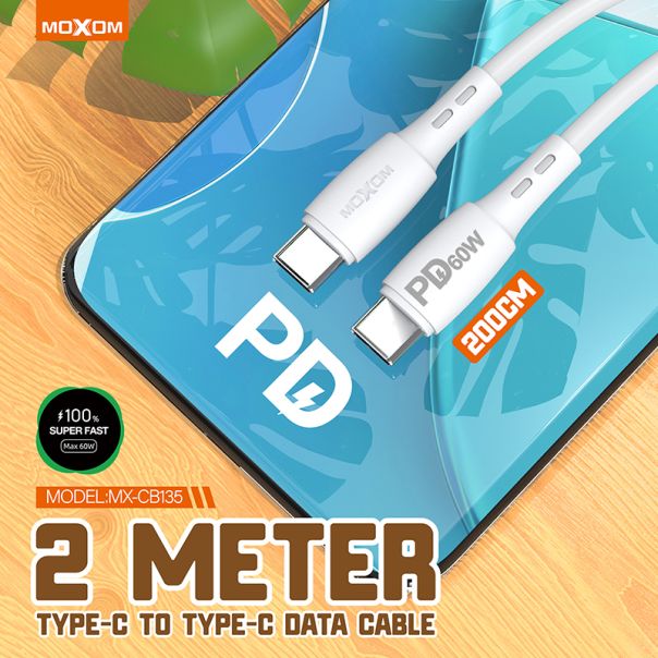 MOXOM USB data kabal MX-CB135 PD 60W Type-C na Type-C 2m, bela - U2028