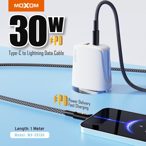 MOXOM USB data kabl MX-CB136 PD 30W Type-C na Lightning 1m, crna - U2092