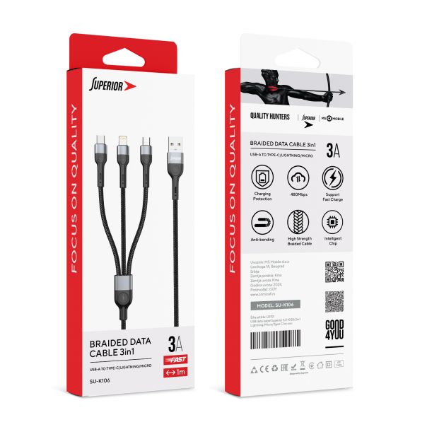SUPERIOR USB data kabal SU-K106 3in1 Lightning/Micro/Type C 1m, crna - U2101