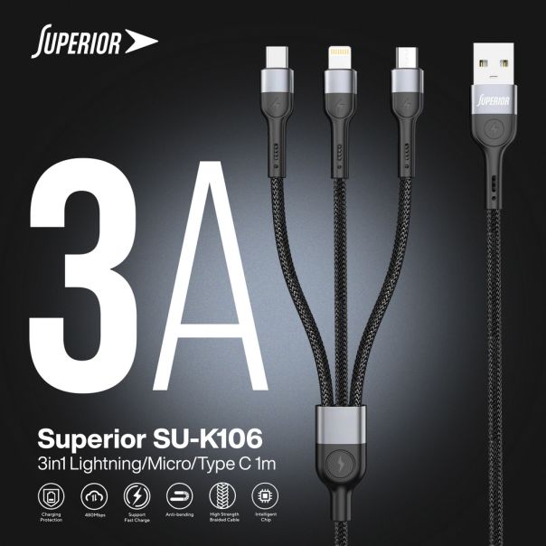 SUPERIOR USB data kabal SU-K106 3in1 Lightning/Micro/Type C 1m, crna - U2101