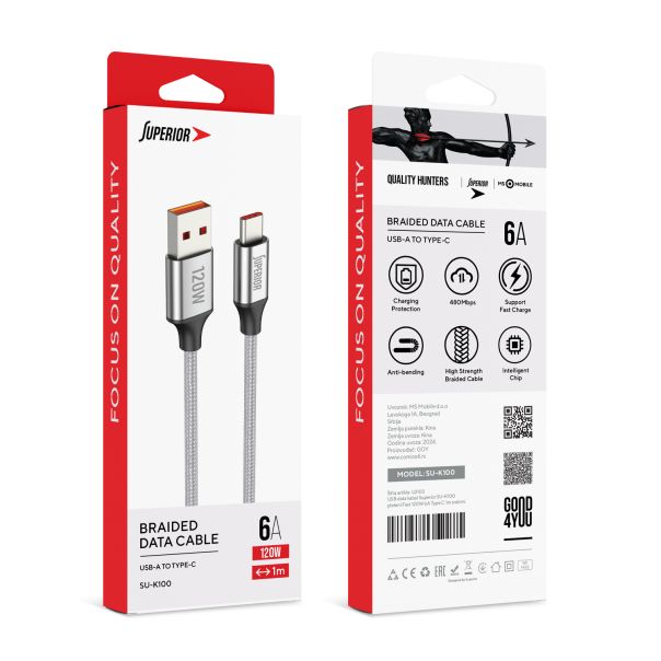 SUPERIOR USB data kabal SU-K100 pleteni Fast 120W 6A Type C 1m, srebrna - U2103