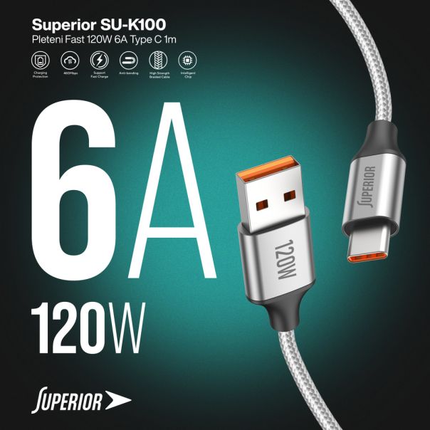 SUPERIOR USB data kabal SU-K100 pleteni Fast 120W 6A Type C 1m, srebrna - U2103