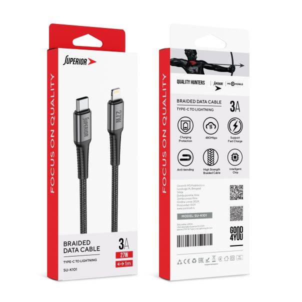 SUPERIOR USB data kabal SU-K101 pleteni 27W 3A Type C na Lightning 1m, crna - U2104