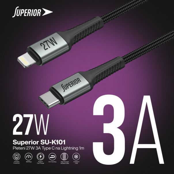 SUPERIOR USB data kabal SU-K101 pleteni 27W 3A Type C na Lightning 1m, crna - U2104