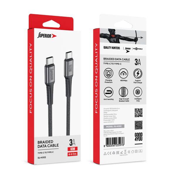SUPERIOR USB data kabal SU-K102 pleteni Fast 60W 3A Type C na Type C 1m, crna - U2105